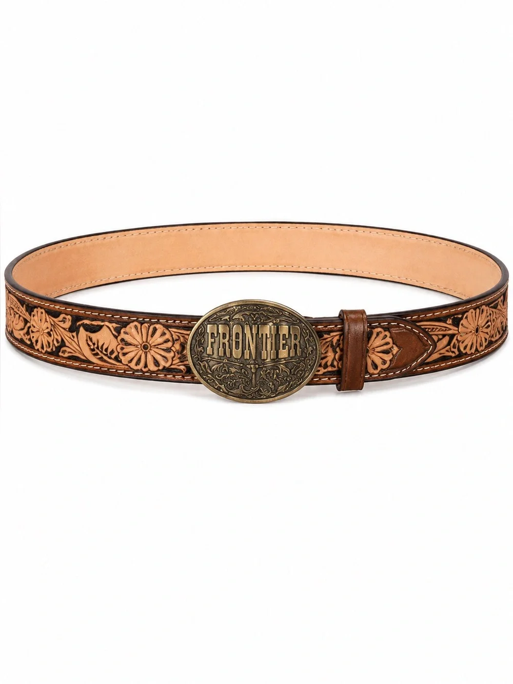 Tooled Leather Floral Belt - Brown Tan handmade